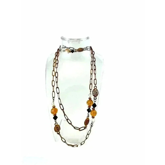 Brown Glass Bead Station Necklace Bronze Toned Tan Orange Black Chain 37" - Picture 4 of 9